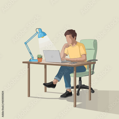 A young man is seen pondering deeply whilst working at his desk, embodying the essence of creativity, reflection, and pursuit of knowledge in a stylish modern setting.