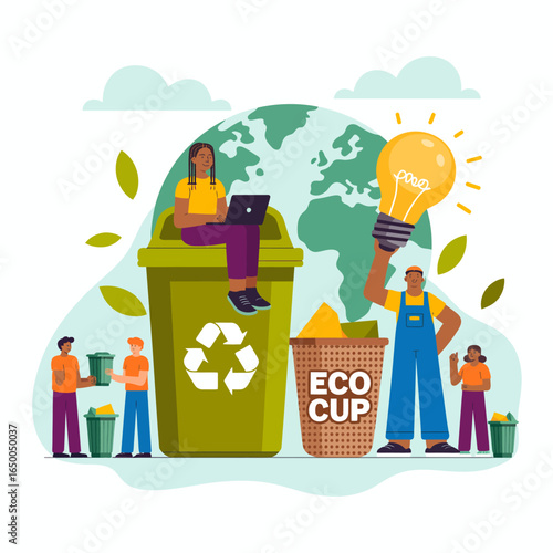 Individuals collaborate around recycling actions, showcasing teamwork and innovative solutions for a better planet, set against a stylized world map and sustainable practices.