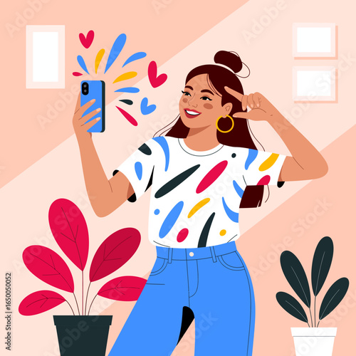A happy woman poses for a selfie inside a lively setting filled with vibrant colors and patterned attire, highlighting her stylish look and cheerful demeanor.