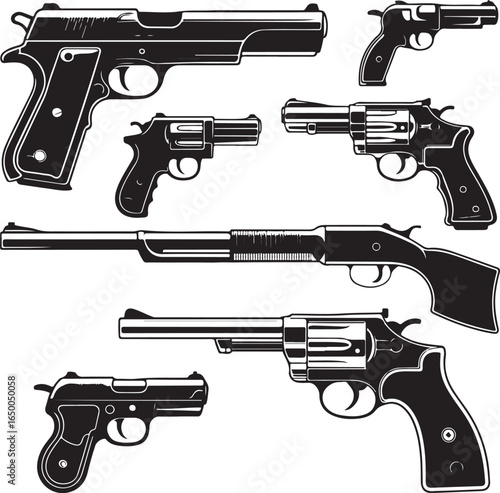 Assortment of Black Silhouette Firearms on White Background Keywords: firearm, gun, pistol, revolver