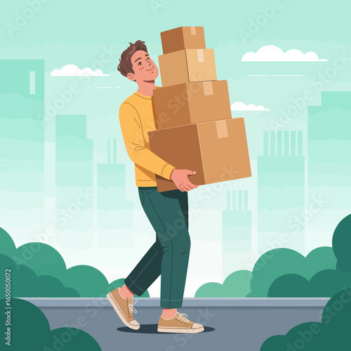 A smiling delivery man carrying stacked boxes on a sunny urban street, reflecting the positivity and challenges of logistic work in a dynamic city environment.