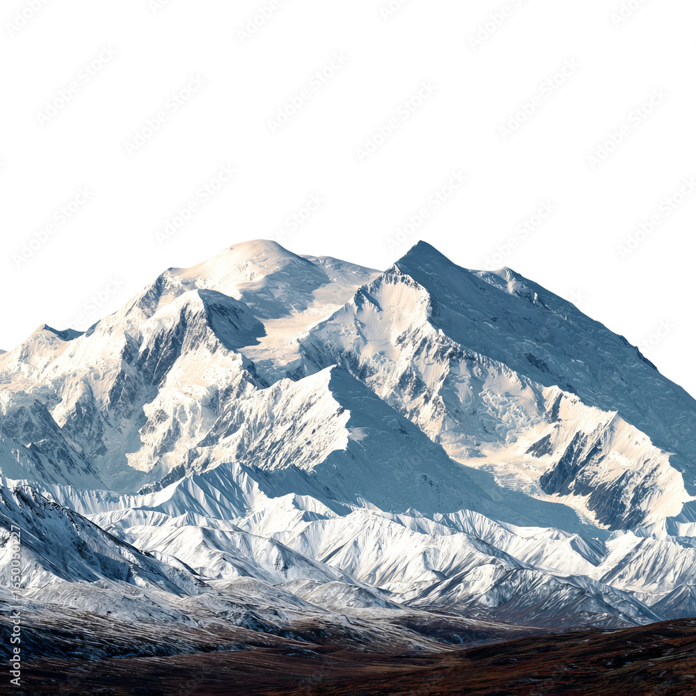 Fototapeta premium Majestic Mountain Vista: An imposing snow-capped mountain range stands proudly under a clear sky, showcasing nature's raw, breathtaking beauty in an awe-inspiring panorama.