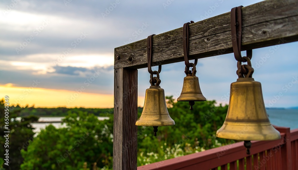Obraz premium Golden bells hang from a wooden frame at sunset.