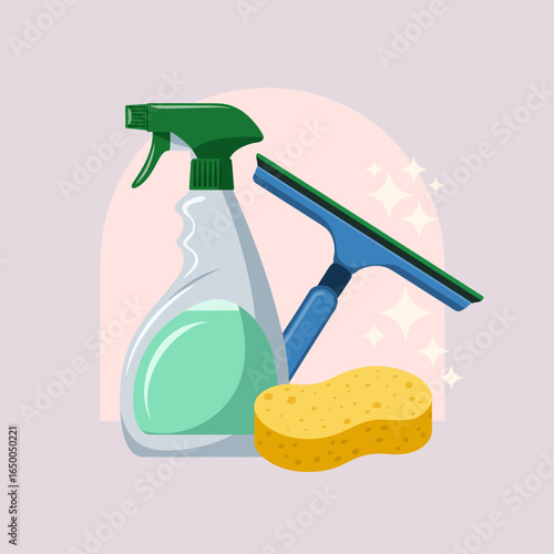 A chic arrangement of cleaning tools including a spray bottle, squeegee, and sponge, perfect for any modern household aiming for efficiency and style.