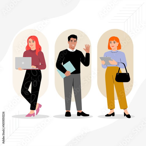 A trio of professionals displays dynamic teamwork in a stylish office setting, highlighting the importance of technology and collaboration in the modern work atmosphere.