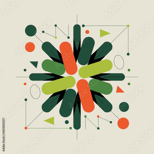 This image features a vibrant and dynamic geometric abstract design, utilizing a mix of shapes and colors to create a visually striking composition that inspires creativity.