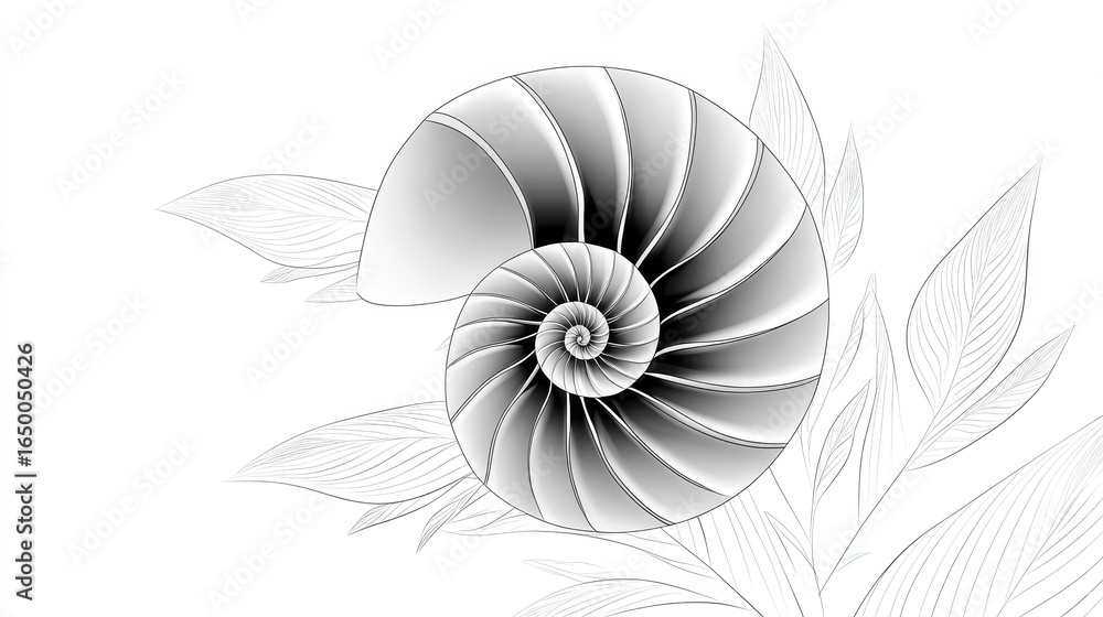 Obraz premium Intricate black and white illustration of a nautilus shell with elegant leaves.