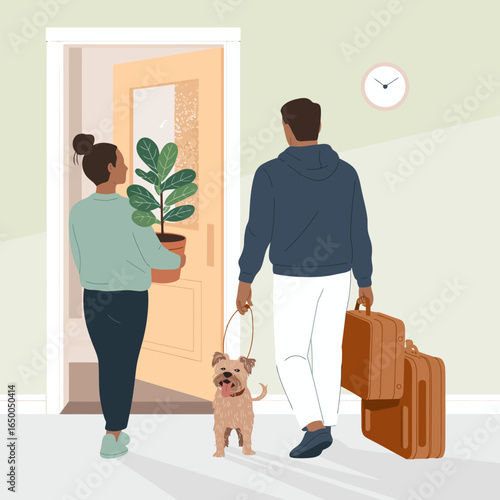 A couple enters their home, showcasing a vibrant plant and a happy dog, symbolizing the warmth and joy of homecoming and new beginnings in daily life.