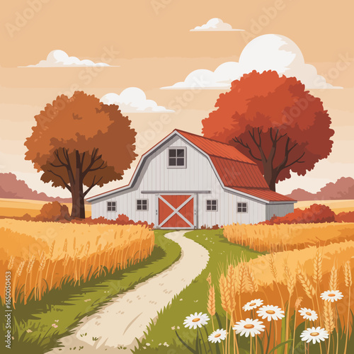 An enchanting illustration of a golden field with a traditional barn, capturing the warmth and beauty of rural living during the autumn season.