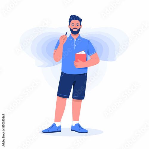 A contemplative man stands holding a book and pen, symbolizing the importance of reflection and creativity, with a soft background enhancing the focus on him.