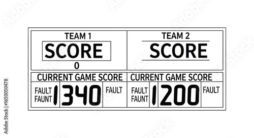 Game scoreboard for teams 1 and 2