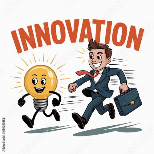 A vivid cartoon image showcasing a businessman in pursuit of a bright light bulb labeled 'INNOVATION', capturing the essence of ideas and entrepreneurial spirit.