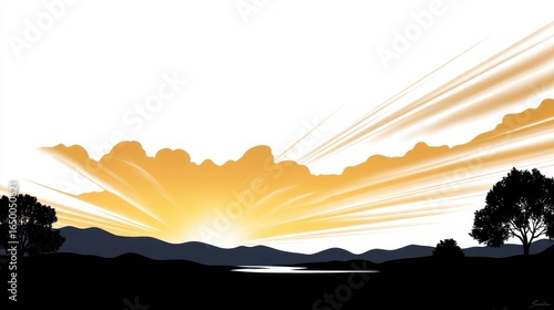 Dramatic sunset silhouette over mountains and water, featuring warm orange and yellow hues.