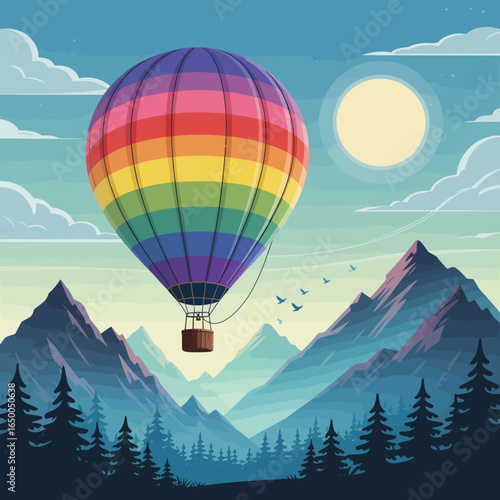 A colorful hot air balloon soars above majestic mountain ranges, offering a picturesque view that portrays tranquility, adventure, and the beauty of nature’s landscapes.