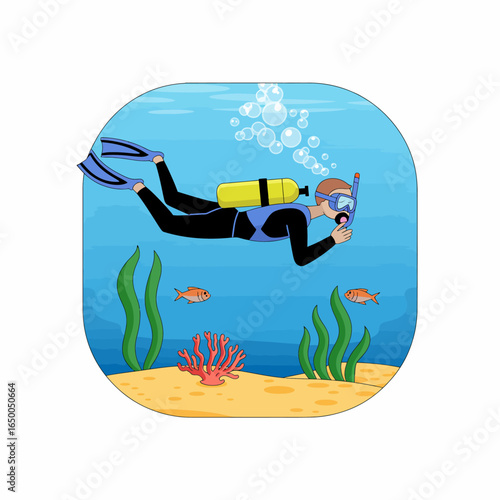 An underwater scene depicting a diver exploring a vibrant coral reef, surrounded by colorful fish and aquatic plants, capturing the beauty of marine life.