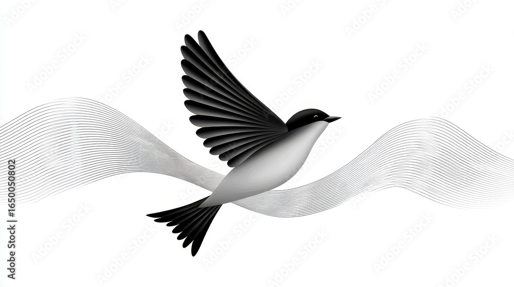 Obraz premium A stylized black and white bird soaring gracefully through smooth waves.