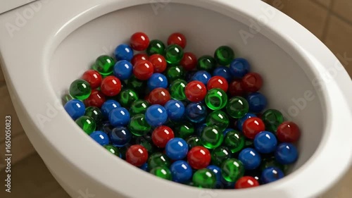 Colorful Marbles Swirling in a Toilet Bowl: Abstract Concept