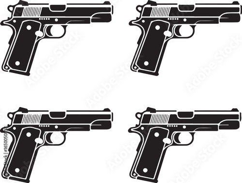Four Black and White Illustrations of a Classic Pistol firearm handgun