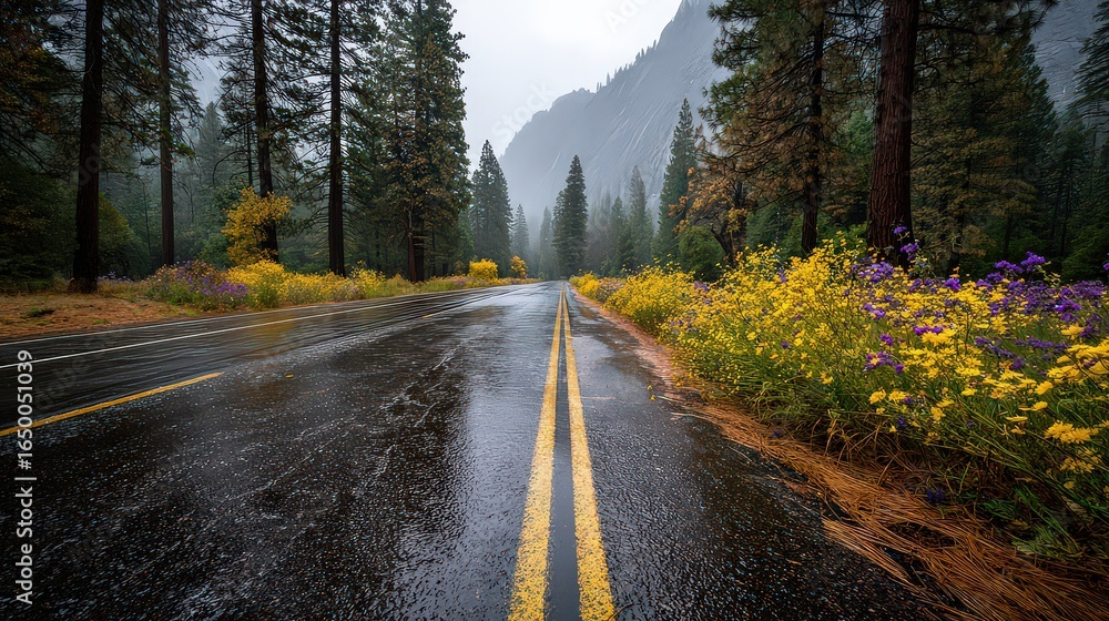 Fototapeta premium Rainy Road Through Yosemite National Park With Yellow Flowers