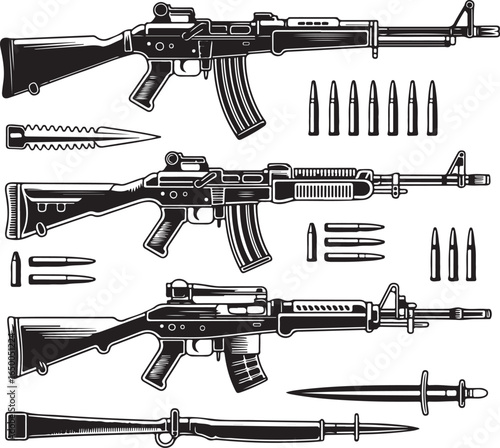 Detailed silhouettes of assault rifles with bayonets and ammunition