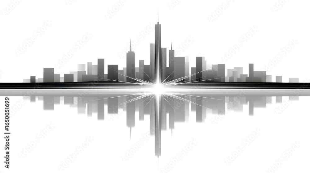 Fototapeta premium Minimalist cityscape silhouette reflecting on a sleek surface.