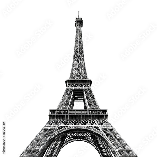 Eiffel Tower Iconic Landmark: A majestic depiction of the Eiffel Tower, captured in stunning black and white, against a stark background.