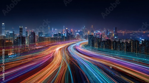 Cityscape at night with light trails blurring into streaks