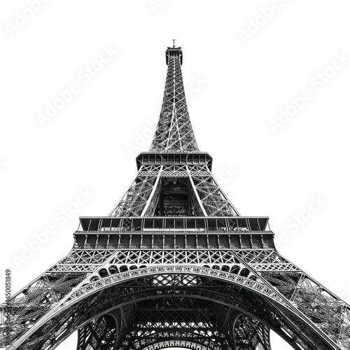Eiffel Tower: A stunning black and white shot of the iconic Eiffel Tower, captured from a low angle, emphasizing its grand scale and intricate architectural design.