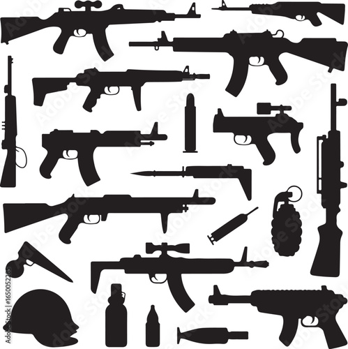 Collection of Black Silhouettes of Firearms and Military Gear rifle shotgun
