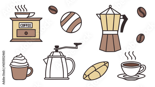 Coffee icons with grinder moka pot and cups vector
