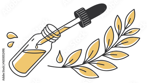 Glass dropper with golden liquid and leaves yellow