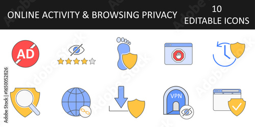 Online activity and browsing privacy icon set — 10 vector symbols for VPN, ad blocking, anti-tracking, secure downloads, website permissions, and safe searching for digital protection.