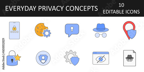 Everyday privacy concepts icon set — 10 vector symbols for online security and personal data protection, including incognito mode, encrypted chat, and privacy settings for digital safety.