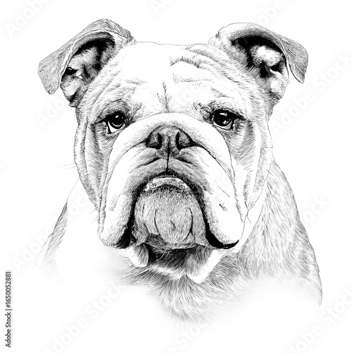 English Bulldog Portrait: A detailed sketch of an English Bulldog showcases its distinguished features, capturing the essence of the breed with its wrinkled brow, strong jaw, and overall charm.