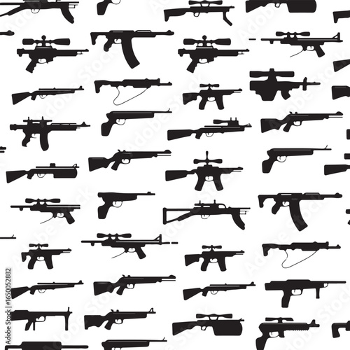 Seamless pattern of various firearm silhouettes on a white background rifle shotgun