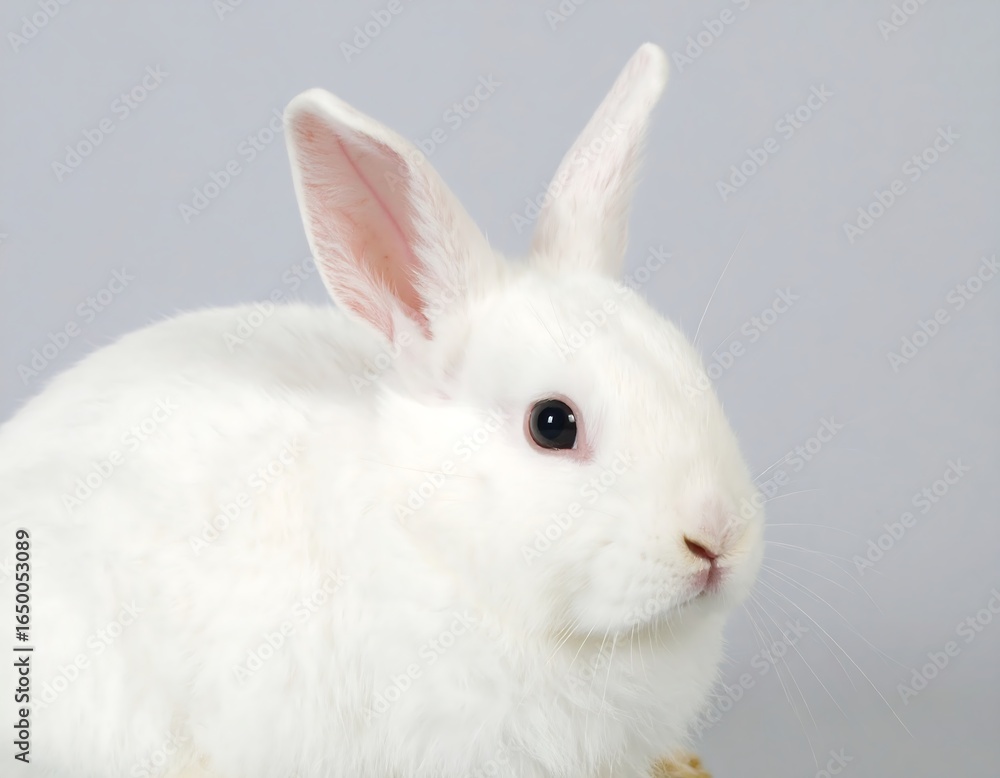 Obraz premium Charming close-up of a pristine white rabbit against a soft gray backdrop captures its gentle