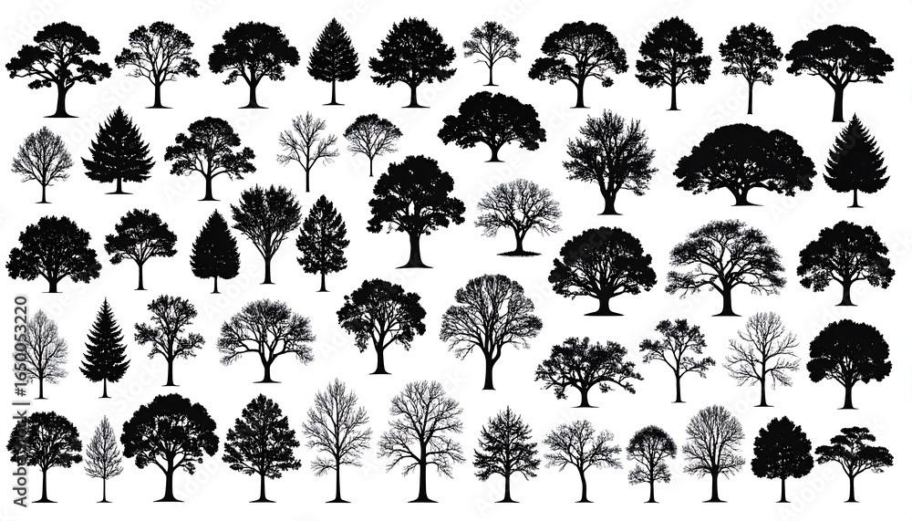Fototapeta premium Various tree silhouettes against a plain background.