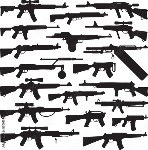 Assortment of assault rifles and sniper rifles in silhouette weapon firearm