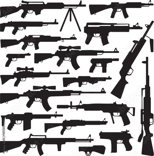 Collection of diverse firearm silhouettes on a white background rifle shotgun