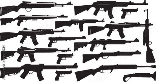 Collection of diverse firearm silhouettes on a white background rifle shotgun