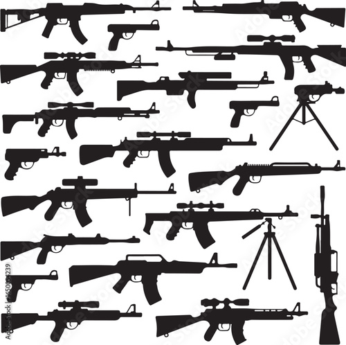Collection of various firearm silhouettes including rifles and handguns Keywords: rifle, handgun