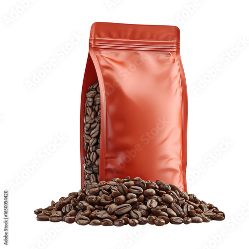 Roasted Coffee Beans in Packaging: An eye-level studio shot captures a pouch filled with rich, aromatic roasted coffee beans, spilling invitingly onto a textured surface.