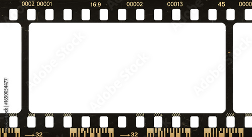 Grunge 35mm film strip background vector with blank frames, perfect for vintage cinema photography and movie reel illustration