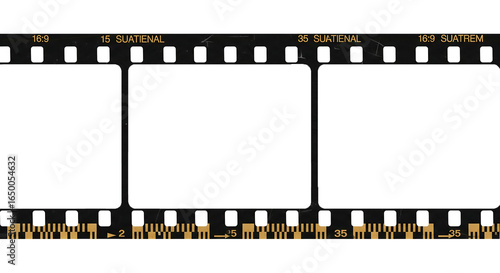 Blank 35mm film strip with photo negative frames isolated on a white background, perfect for vintage cinema and photography design