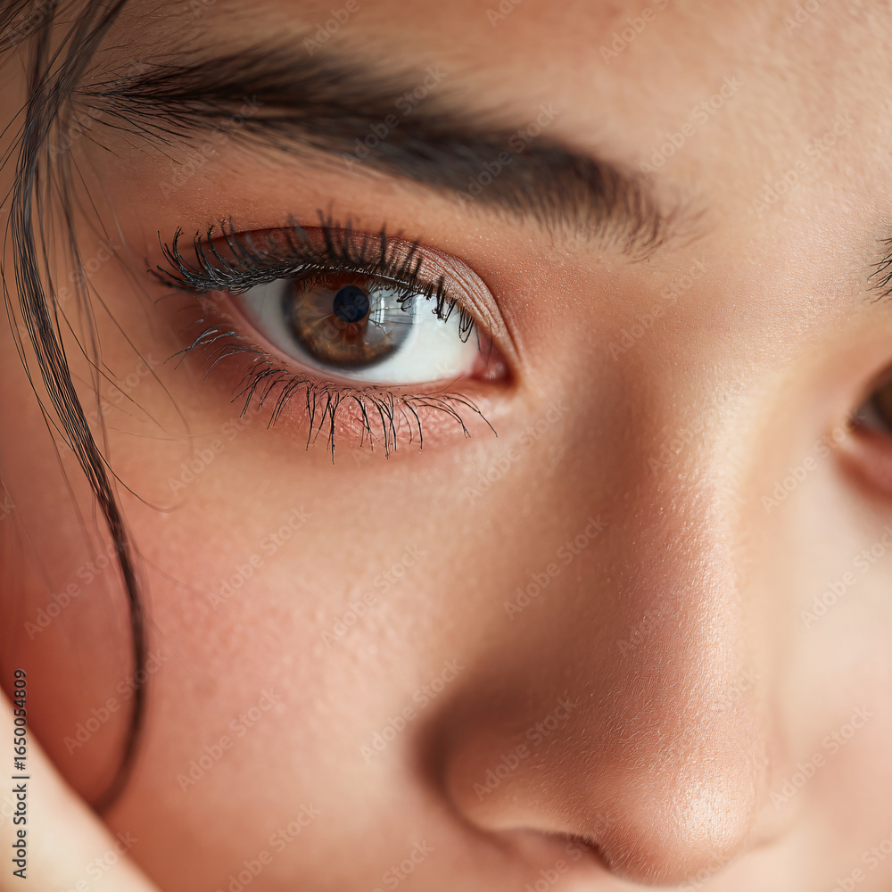 Obraz premium Closeup Beauty Portrait Female Face Eyes Detail Nature Expression Makeup Skin Youthful Serene Features Eyelashes Emotion Realism Cosmetics Feminine Texture Intimate Gaze Brown Attention Softness