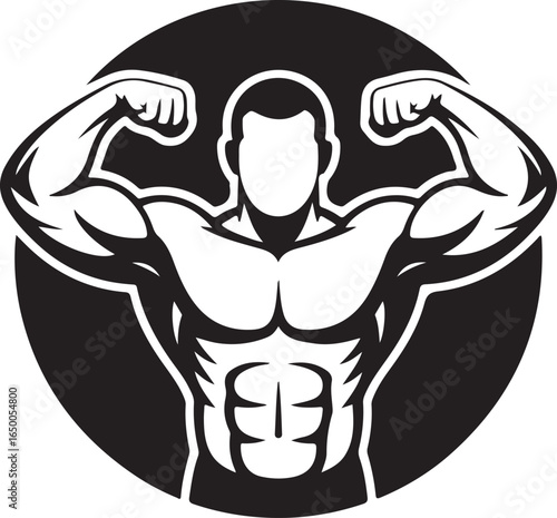 Black and white circular logo of a muscular man flexing his biceps and showing abs vector illustration