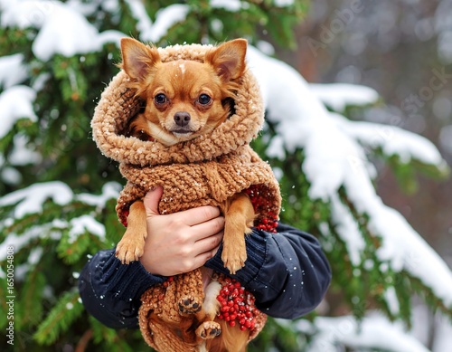 Chihuahua embraced in cozy knitted scarf against the backdrop of a serene snowy landscape