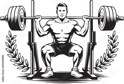 Black and white illustration of a muscular man performing a barbell squat with a laurel wreath