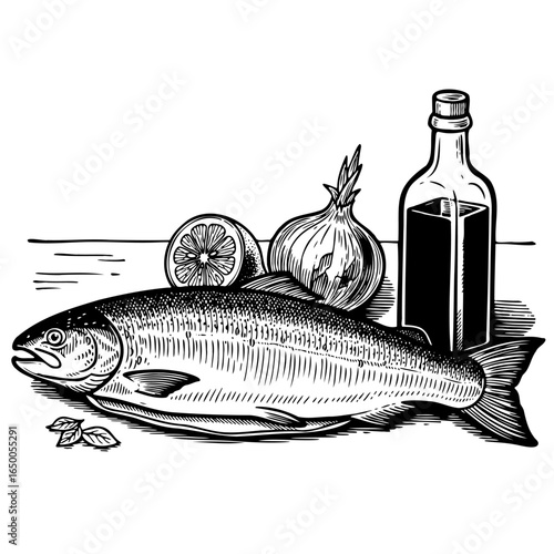 Fresh whole fish with lemon, onion, and bottle. Vintage engraving Cooking ingredient vector illustration for recipe book design. Healthy meal concept.