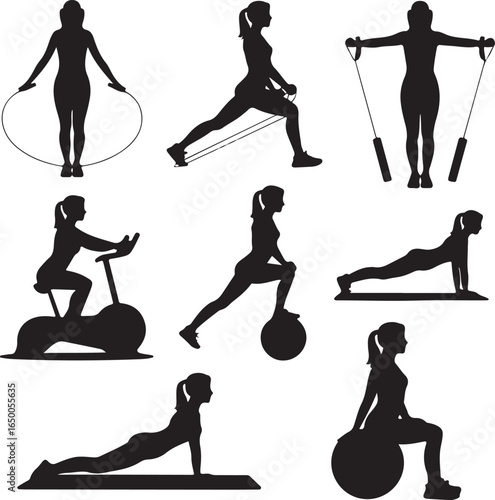 Collection of female fitness silhouettes exercising with equipment on white background Keywords